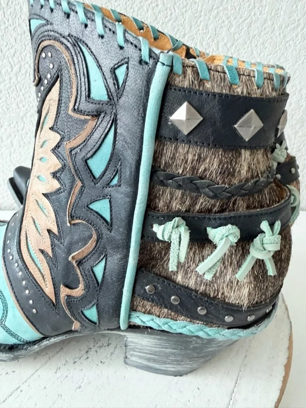 Old Gringo EAGLE FLIGHT Short Cowboy Boots Black Turquoise Womens 12 Snip Toe